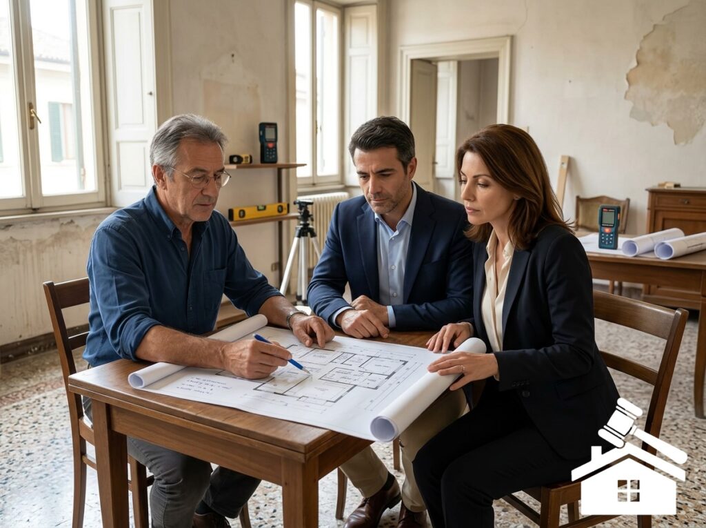 Il geometra analizza l'immobile con la coppia- perizia e planimetrie sul campo