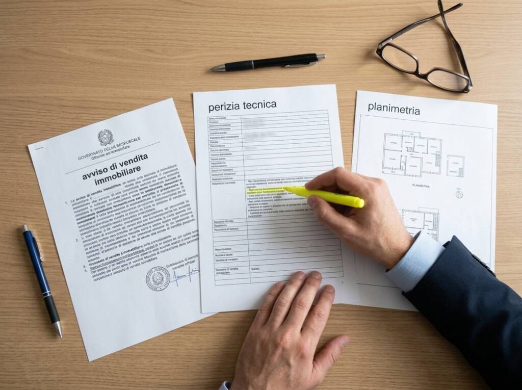 Consulente che analizza perizia e documentazione di un immobile all'asta prima dell'acquisto della prima casa