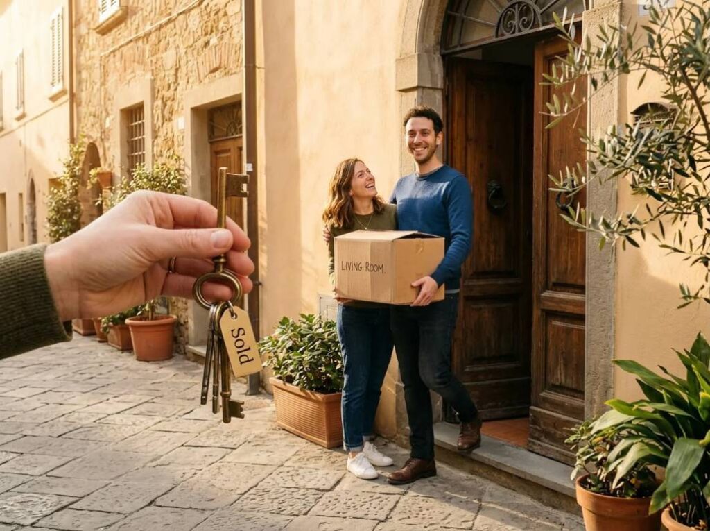 Coppia che entra nella nuova casa aggiudicata all'asta con le chiavi in mano e scatole da trasloco